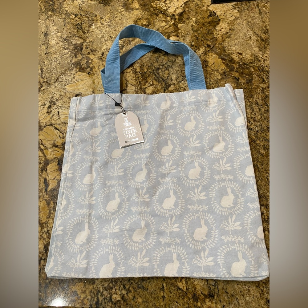 Bunny Tales Reusable Canvas Tote Bag - Blue and White rabbits damask Brand NEW